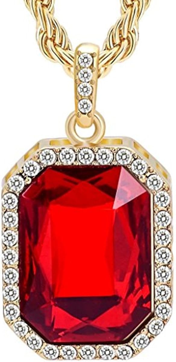 Men's 18k Real Gold Plated Red Ruby Gemstone Pendant Necklace,with Free