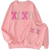 IZYJOY Mommy and Me Valentines Outfits Glitter XOXO Letter Chenille Patch Sweatshirt Long Sleeve Family Matching Shirt