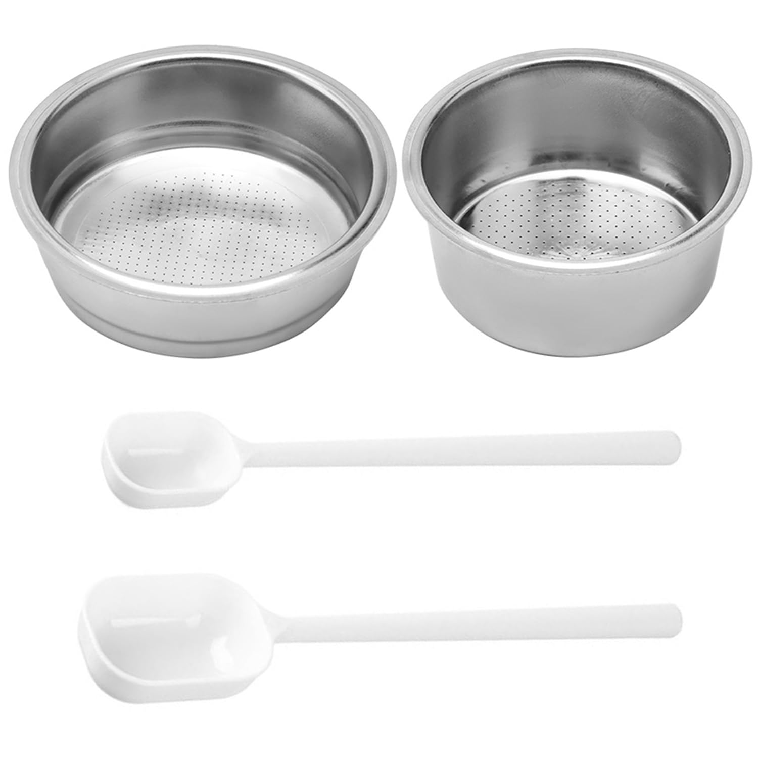 2 Filters and 2 Measuring Spoons for Coffee Machines, Spare Parts and Accessories With Handle, Made of Stainless Steel