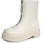 Athlefit Women's Platform Ankle Boots Short Comfortable Round Toe Chunky Low Heel Boots with Front Zipper