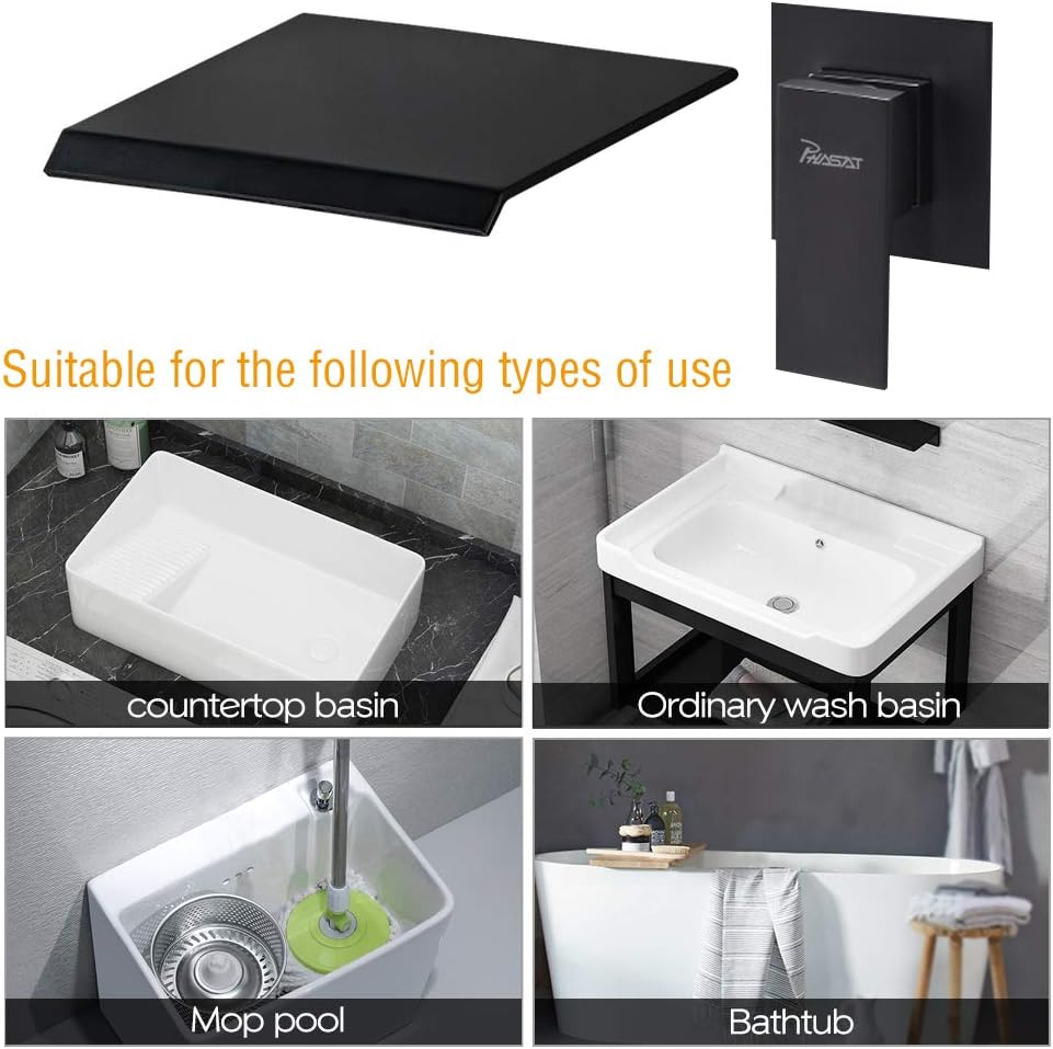 PHASAT Black Wall Mounted Bath Taps Brass Waterfall Basin Mixer Taps with 20cm Wide Spout Bath Filler Taps BB02E - Image 3
