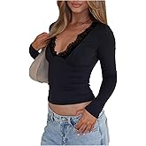 MakeMeChic Women's Lace Sexy Crop Tops V Neck Long Sleeve Shirts Y2k Going Out Top