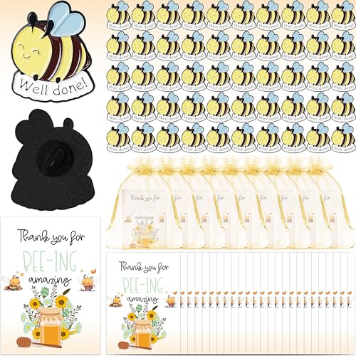 fiintrwa 25/50 Sets Bee Pins Employee Appreciation Gift for Coworker with Bee Lapel Pin Bee Badge Organza Bags and Thank You Cards