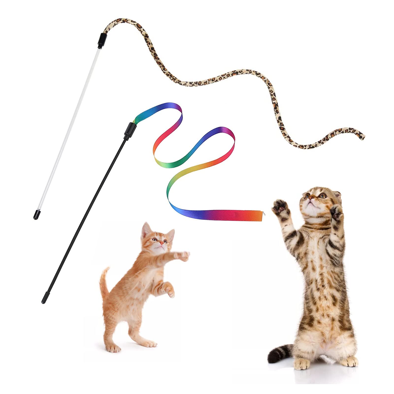 Andiker Cat Wand Teaser Toys，2Pcs Plastic Rainbow Cat Interactive Toys for Indoor Cats Colorful Ribbon&Leopard Print Cat Fishing Pole Toys Training Exerciser for Cat Gifts and Kitten Lovers (2pcs)