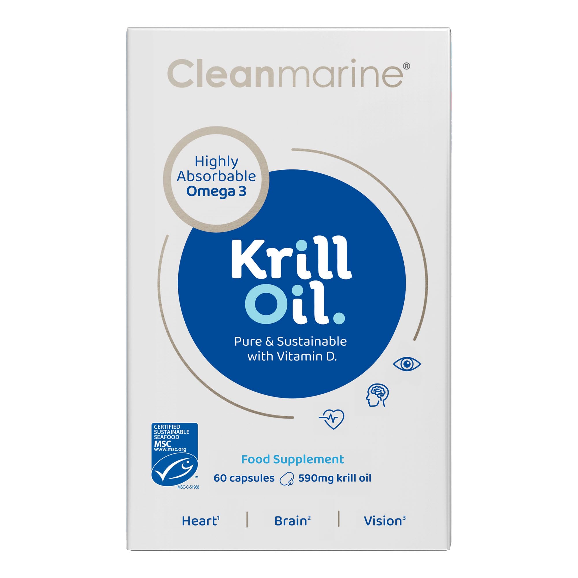 Cleanmarine Krill Oil – High Strength Omega 3 with EPA & DHA – Phospholipid Formula for Better Absorption – Plus Astaxanthin, Choline & Vitamin D – Heart, Brain & Eye Support – 60 Capsules