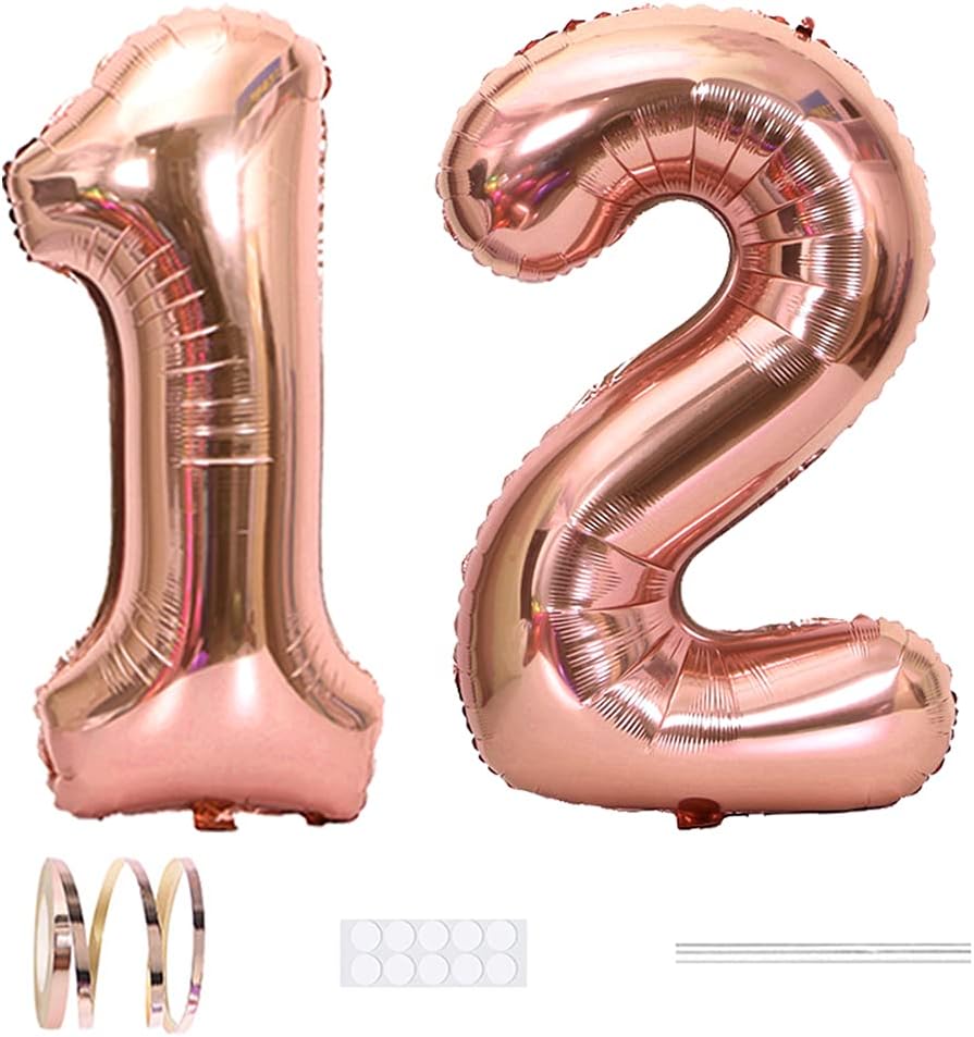 Xihuimay Number 12 Balloons - 40 inch Digital Balloons with Rose Gold Numbers for Birthday Party Wedding, Bachelorette & Bridal Shower
