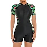 ECUPPER Women One Piece Short Sleeve Swimsuit Boyleg Rash Guard Covered Surfing Suit Zipper Bathing Suit with Built in Bra