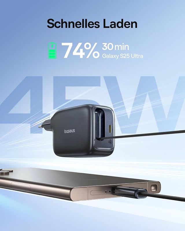 45W USB C Ladegerät, Baseus Enercore Charger mit USB C Kabel, iPhone iPad Ladegerät, PPS-Schnellladen Netzteil für iPhone 17/16/15/14/13/12 Pro Max Air, Samsung Galaxy S25, Pixel, Ausziehbaren Kabel