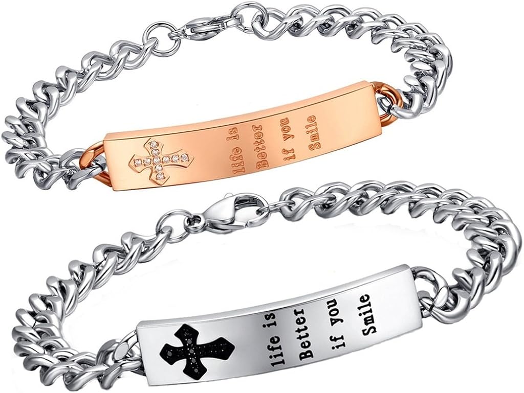 His Her Bracelet Stainless Steel Zircon Cross Engraved "life is better