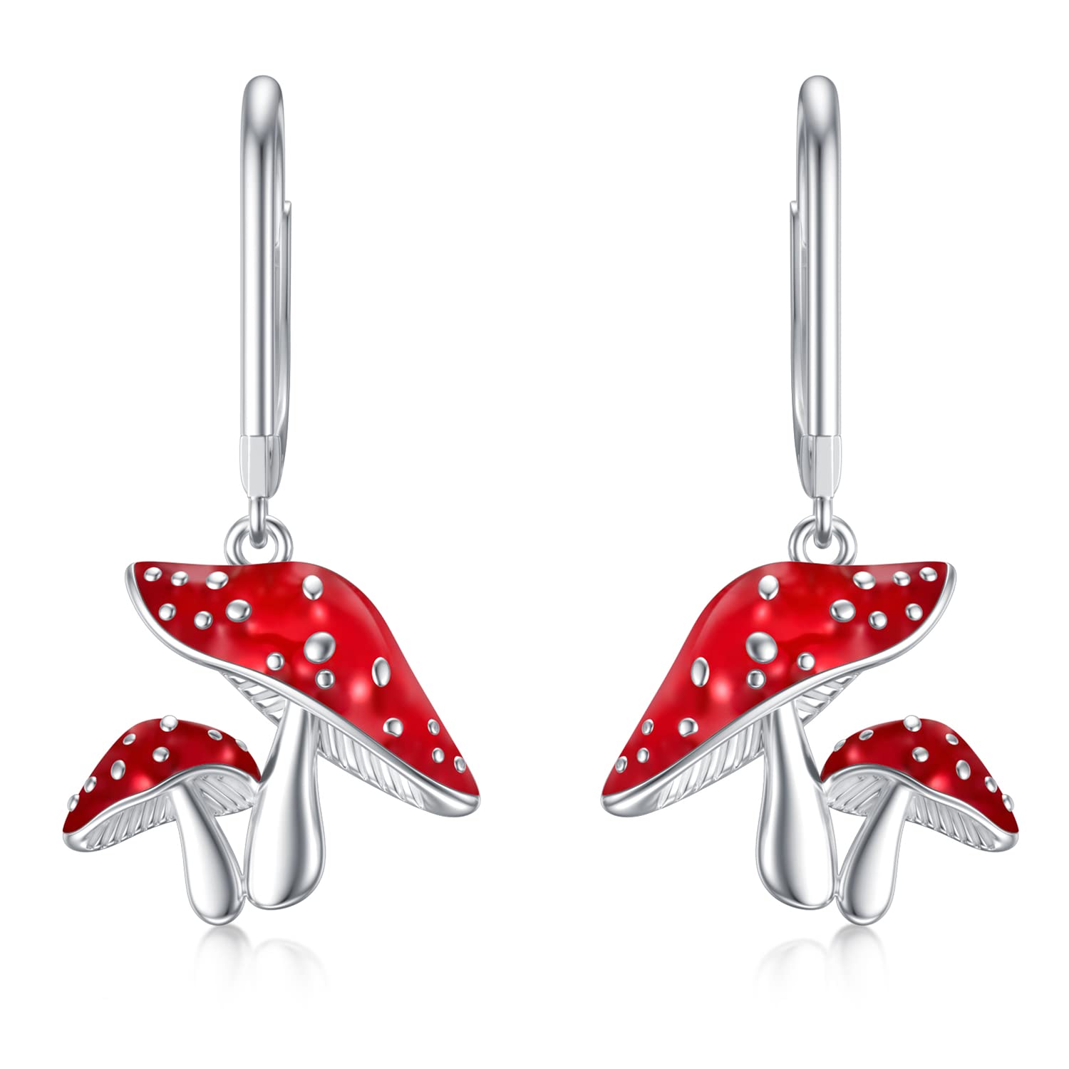 LONAGO Mushroom Earrings 925 Sterling Silver Two Red Mushrooms Drop Earrings Jewelry for Women