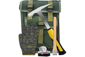 Hear XSUS 5 PCS Rockhounding Tools - Geology Rock Pick Hammer Kit, Musette Bag & 22oz Hammer, Digging Chisels, Magnifying Glass, Gloves
