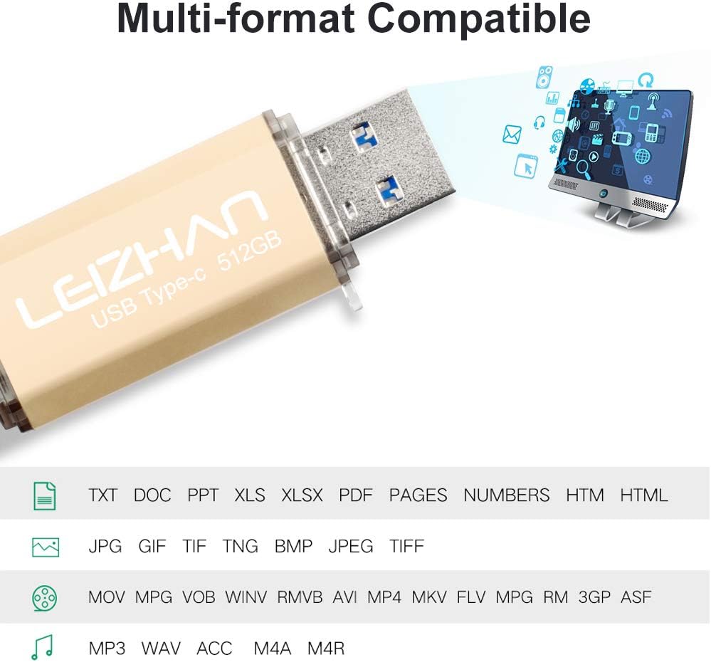 leizhan 512GB USB 3.0 Flash Drive Thumb Drives Jump Drive USB Memory Stick Type-C/USB-A 2 in 1 - Gold, 512Go - Image 5