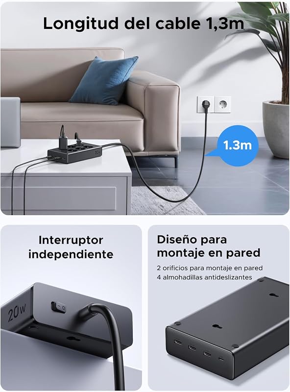 10 EN 1 Regleta Enchufe Multiple 6 Tomas AC 4 USB PD 20W 3680W 16A