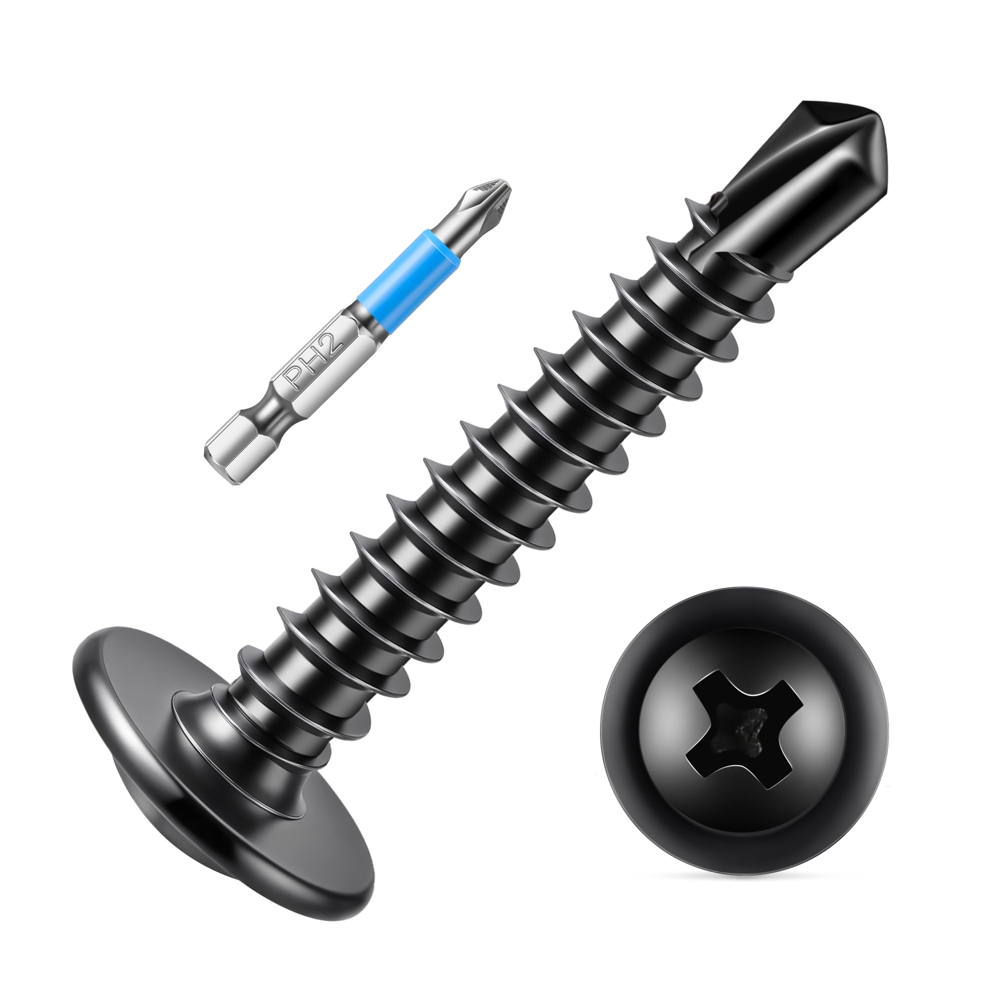 Photo 1 of 100 PCS #8 x 1 410 Stainless Steel Phillips Modified Truss Head Sheet Metal Screws, NO.8 Black Coated Self Drilling Screw PH2 Bit Included by TPOHH