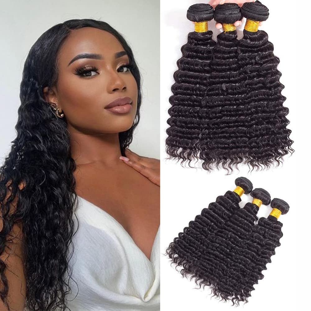Brazilian Virgin Deep Wave Human Hair 3 Bundles 100% Unprocessed Deep Curly Human Hair 3 Bundles Natural Black Color (10 12 14Inch Deep 3 bundles) — image 1