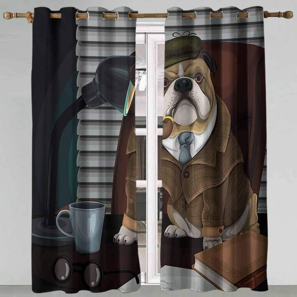 Curtains for Living Room English Bulldog Traditional English Detective Dog with a Pipe and Hat Sherlock Holmes Image Multicolor Grommet Curtains 63x72 Inch