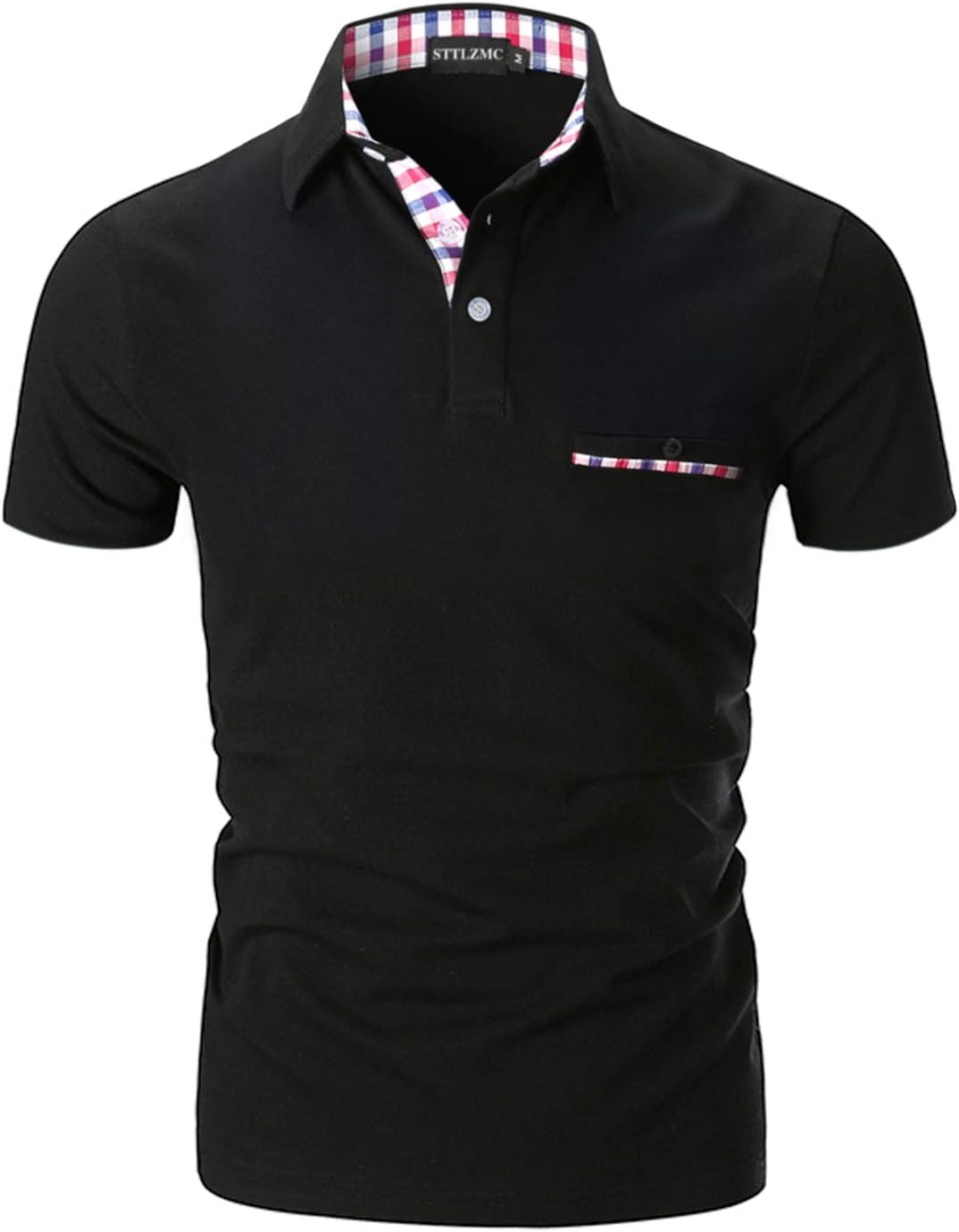 STTLZMCMens Casual Short Sleeve Polos with Fashion Plaid Splice T-Shirt