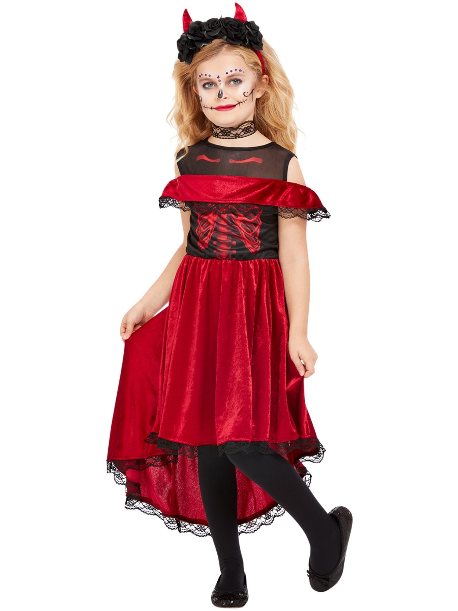 Smiffys DOTD Devil Costume, Red Dress & Headband, Halloween Child Fancy Dress, Day of The Dead Lady Dress Up Costumes
