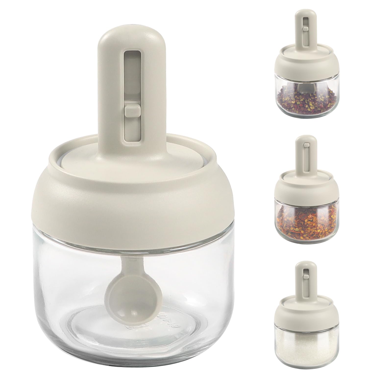 LELE LIFE Air-Tight Glass Seasoning Jars with Retractable Spoon and Lid, 4 Pack Seasoning Containers Spice Jars, 280ml Sugar Condiment Container Salt Cellar Box