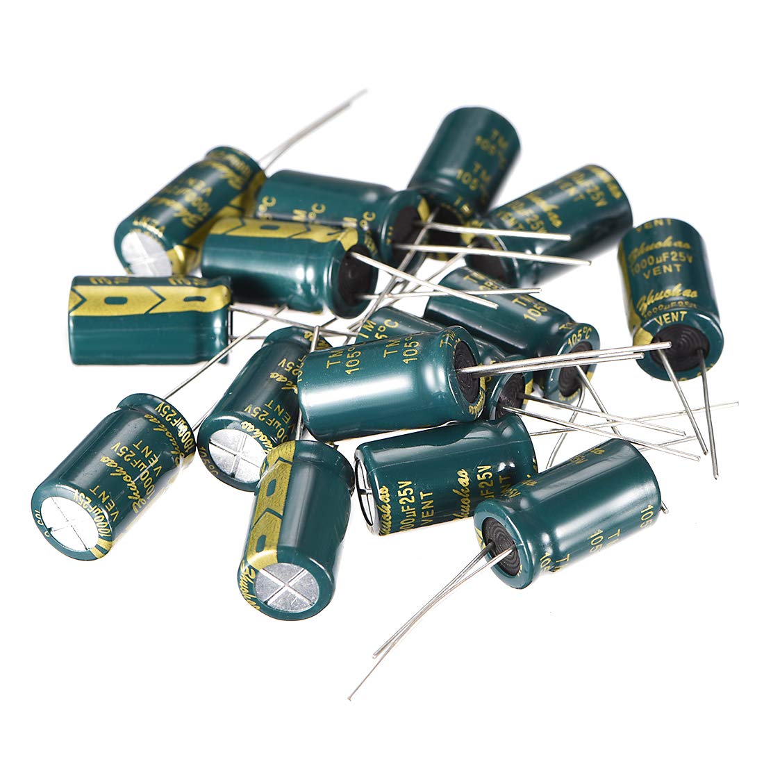 sourcing map Aluminum Radial Electrolytic Capacitor Low ESR Green with 1000UF 25V 105 Celsius Life 3000H 10 x 17 mm High Ripple Current,Low Impedance 15pcs