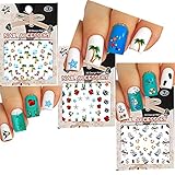 Fun in the Sun Beach Theme Nail Art 3D Stickers Decals Variety Pack of 3 /Palm Tree, Star Fish, Yacht, Stars, Flip Flop, Fish/ With Flower Stickers
