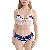 Littleforbig Women Nightwear Sexy Contrast Collar Sleeveless Backless Bikini Bra Panties Bikini Set