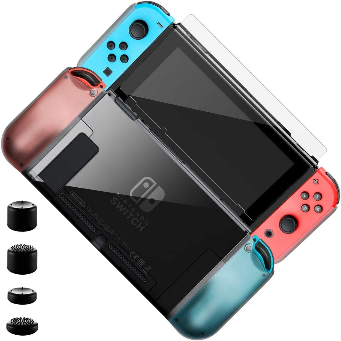 ELZO Dockable Protective Case for Nintendo Switch, Protector Cover with Shock Absorption, TPU+PC for Console, Joy-Con for Nintendo Switch with 4 Thumb Grips Caps, Tempered Glass Screen Protector