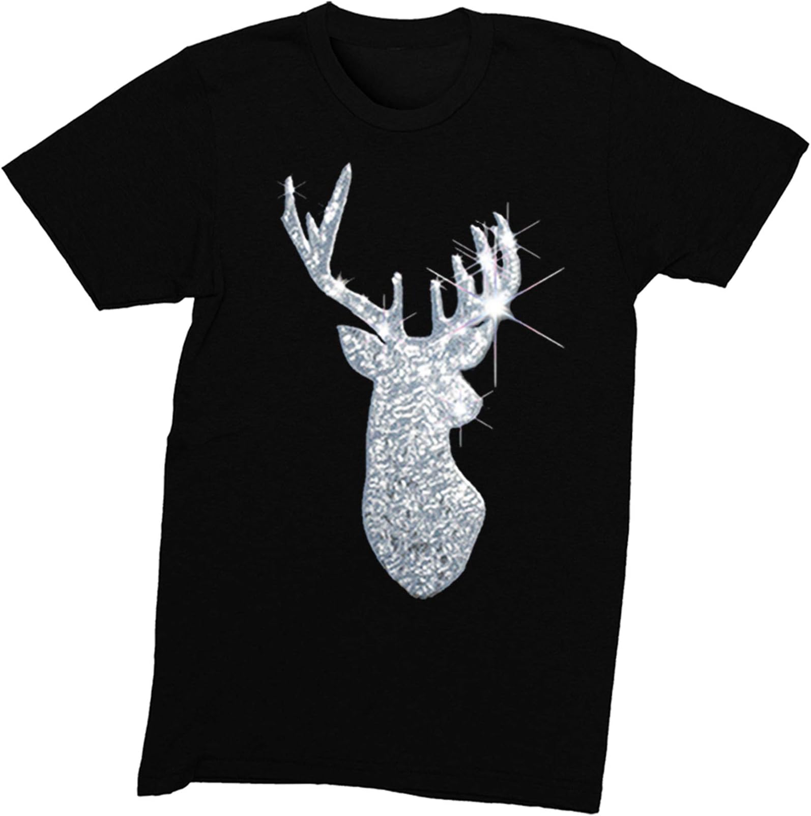 XtraFly Apparel Men's Silver Reindeer Sequins Christmas Crewneck Short Sleeve T-Shirt