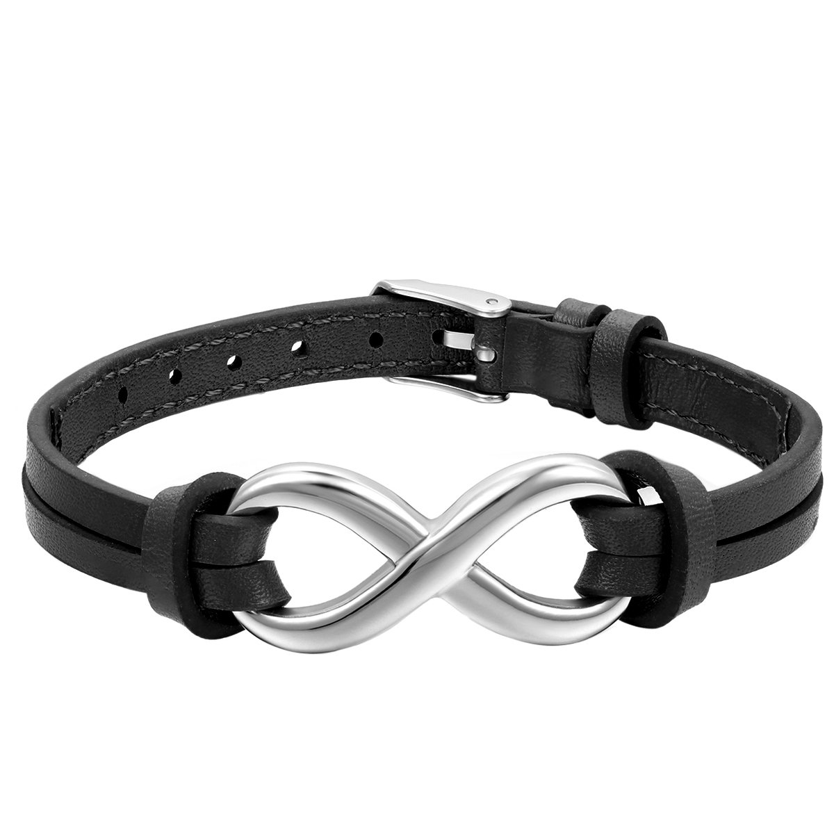 JewelryWe Stainless Steel Infinity Love Charm Leather Bracelet for Men Women Adjustable Fit 7-8.3 inch, Black