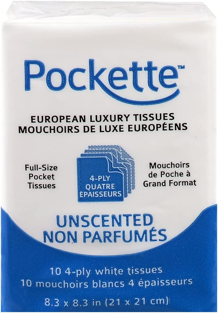 Pockette Premium 4-Ply Pocket Size Facial Tissues (Unscented) | 18 packs of 10 | Super Strong and Now Even Softer | Recyclable: Office Products
