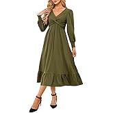 Dokotoo Womens 2026 Wrap V-Neck Twist Knot Long Sleeve Empire Waist Midi Maxi Dress A-Line Ruched Flowy Dress with Pockets