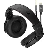 Thore Over-Ear iPhone Headphones with Lightning Connector – Closed Back Studio DJ Monitor Earphones w/Apple MFI Certified Cable (50mm Neodymium Drivers, V200 Black)