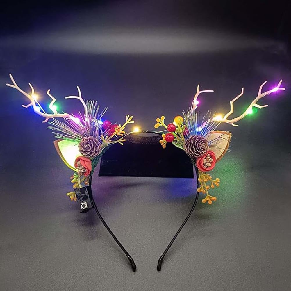 Carufin LED Light up Headwear Glowing Reindeer Antlers Hair Accessories Luminous Tiara Christmas Party Hair Hoop Headband for Women (Colour light B)