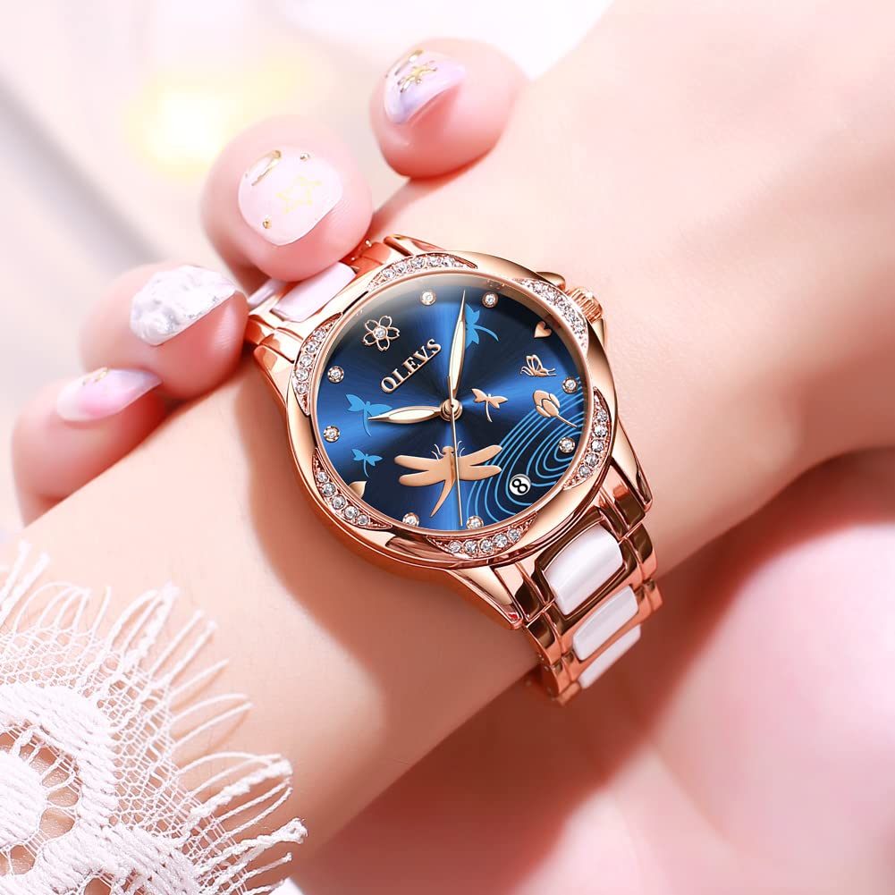 OLEVS Watches for Women Automatic Mechanical Self Winding Rose Gold Ladies Watch Diamond Dress Ceramic Bracelet Waterproof Female Wrist Watch