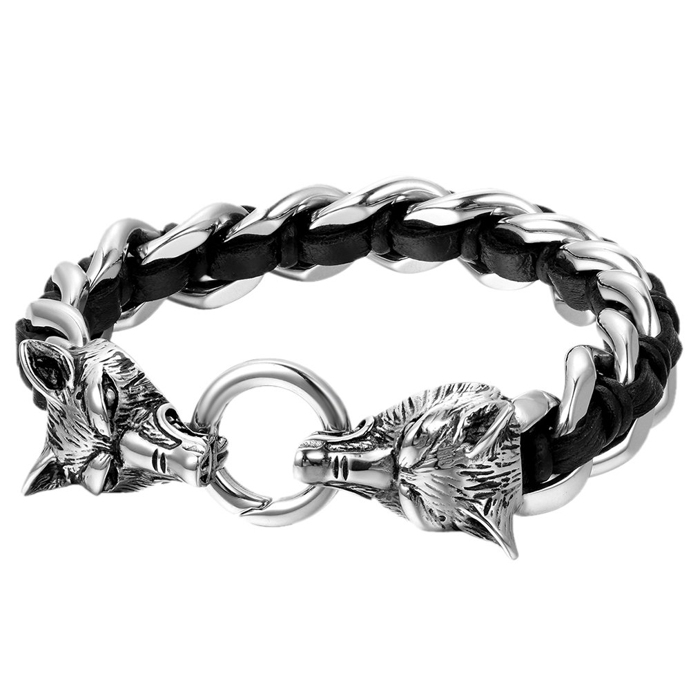 OIDEA Men's Stainless Steel Double Dragon Head Bracelet, Silver, 23.5 centimeters, Leather, without_gems