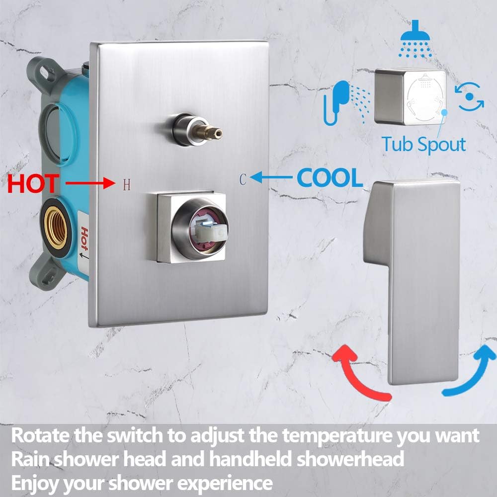 Rugus Shower System，Luxury Rain Mixer Shower Tub Spout Combo Set Wall Mounted Rainfall Shower Head System，10 Inch Square Rain Shower Head, Brushed Nickel Shower faucet rough-in valve body and trim - - 