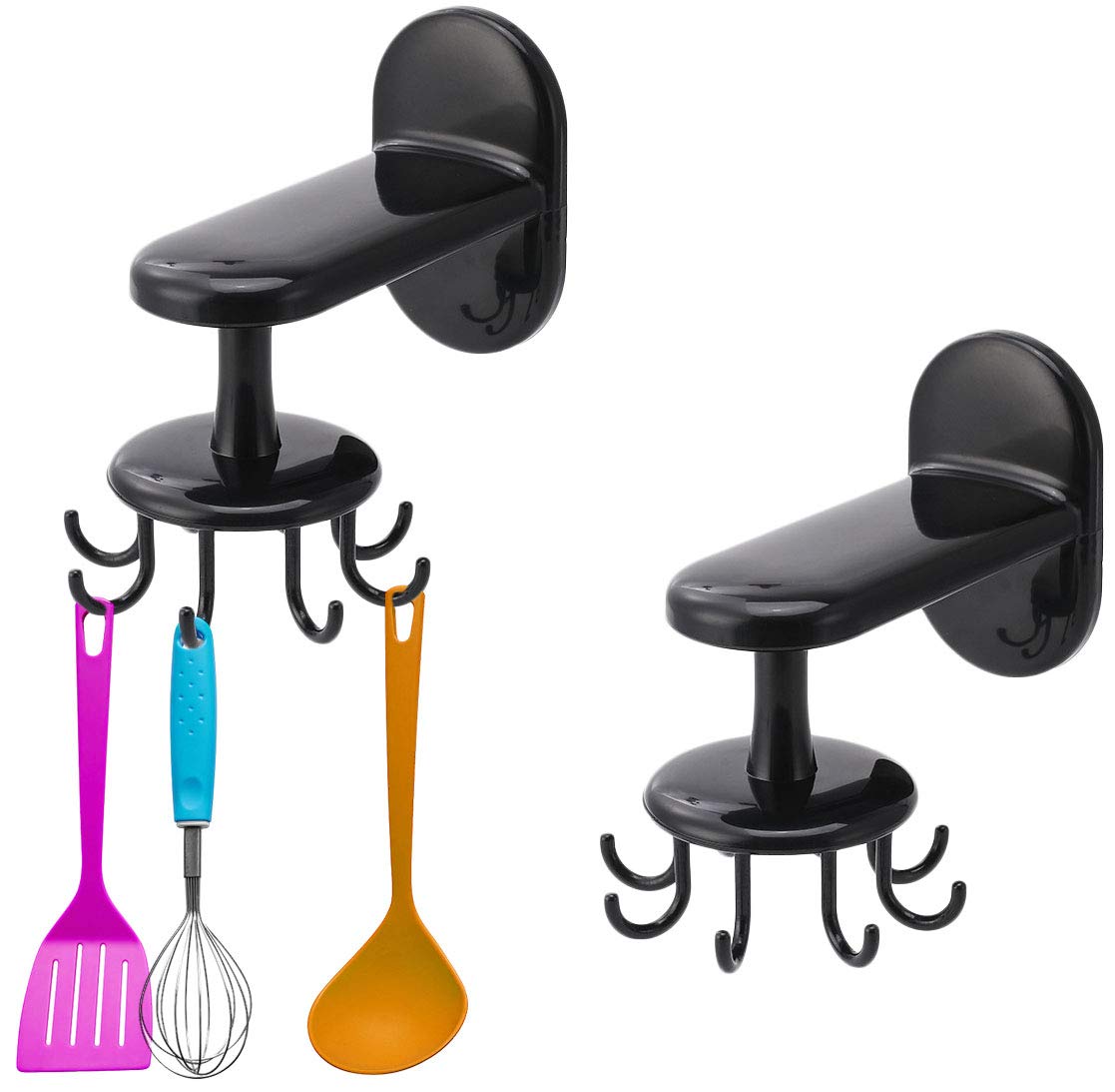 DMFSHI Kitchenware Rack, Kitchenware Holder, 2 PCS Rotating Hook Holder for Utensils with 8 Hook, Non-Punching Spatula Rack Spoon Shovel Rack Easy to Pick Up Kitchenware for Kitchen Bathroom(Black)