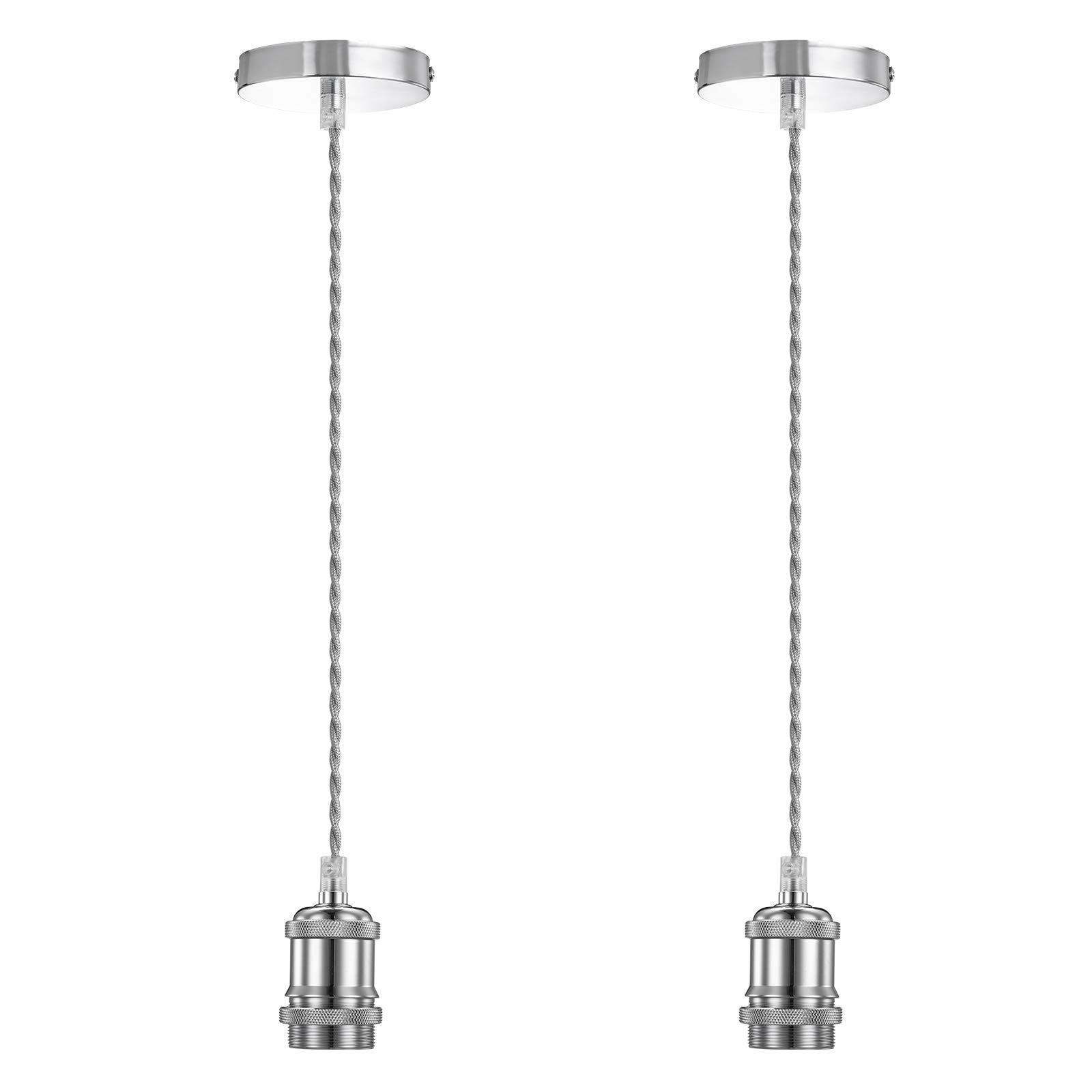 Licperron 2 Pack Vintage Pendant Light Fitting E27 Base Pendant Lamp Holder with Chrome Braided Flex