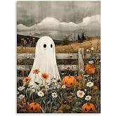 Halloween Ghost Canvas Wall Art, Spooky Ghost in the Pumpkin Patch Poster Print, Vintage Halloween Picture Wall Decor for Bathroom Bedroom Kitchen Holiday Home Decorations 12x16 Inch Framed