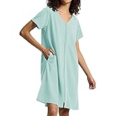 SIORO Women Zipper Robes Waffle Short Sleeve Bathrobe Lightweight Housecoat Knee Length Nightgown Loungwear with Pockets