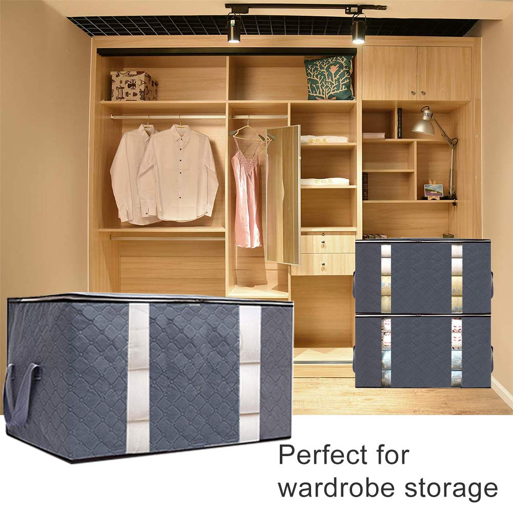 AUOTO Large Capacity Clothing Storage Bag Organizer, 2 Pack Foldable Storage Bags with Double Zippers, for Comforters, Large Clear Window & Portable Handles, Great for Clothes, Blankets, Closets(Gray)