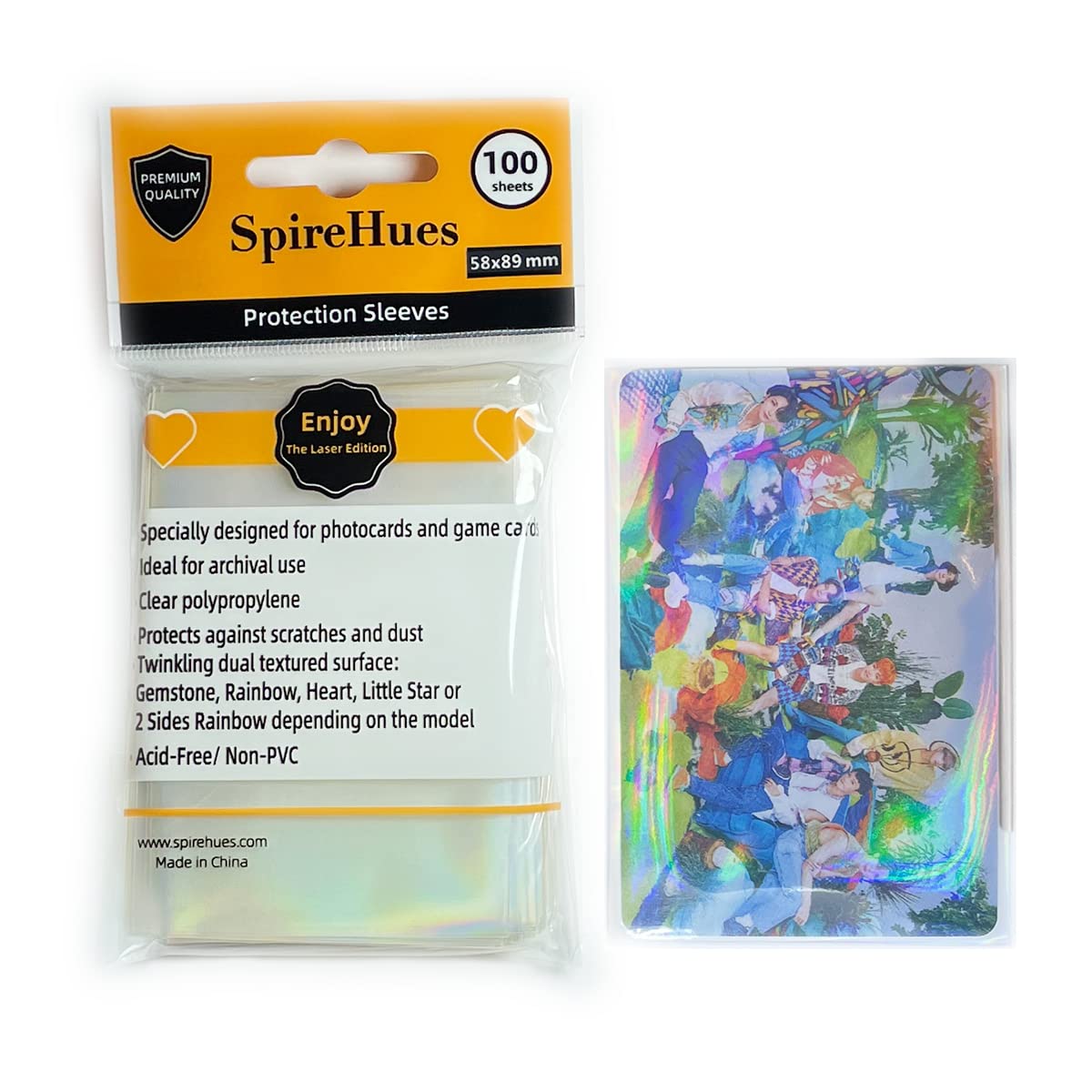 SpireHues Kpop Holographic Photocard Sleeves - 100 Pack with Rainbow Design, Twinkling Laser Flashing Design. Protect Your Kpop Photocard, Rainbow, 58x89