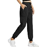 Buauty Womens Hiking Pants Pocketed Cargo Joggers Lightweight Quick Dry Waterproof Pants Elastic Waist Casual Travel Leggings Black