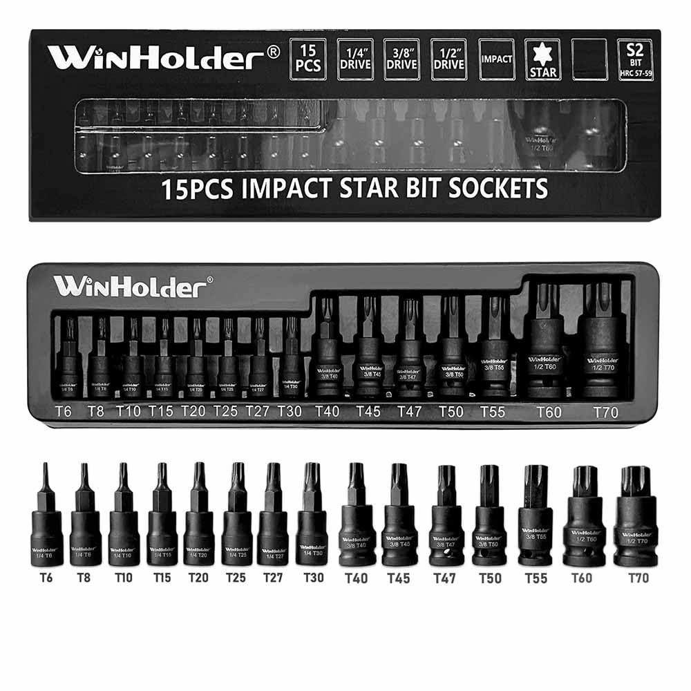 WinHolder 15pc Impact Torx Bit Socket Set 1/4" 3/8" 1/2" T6-T70 TRX-Star