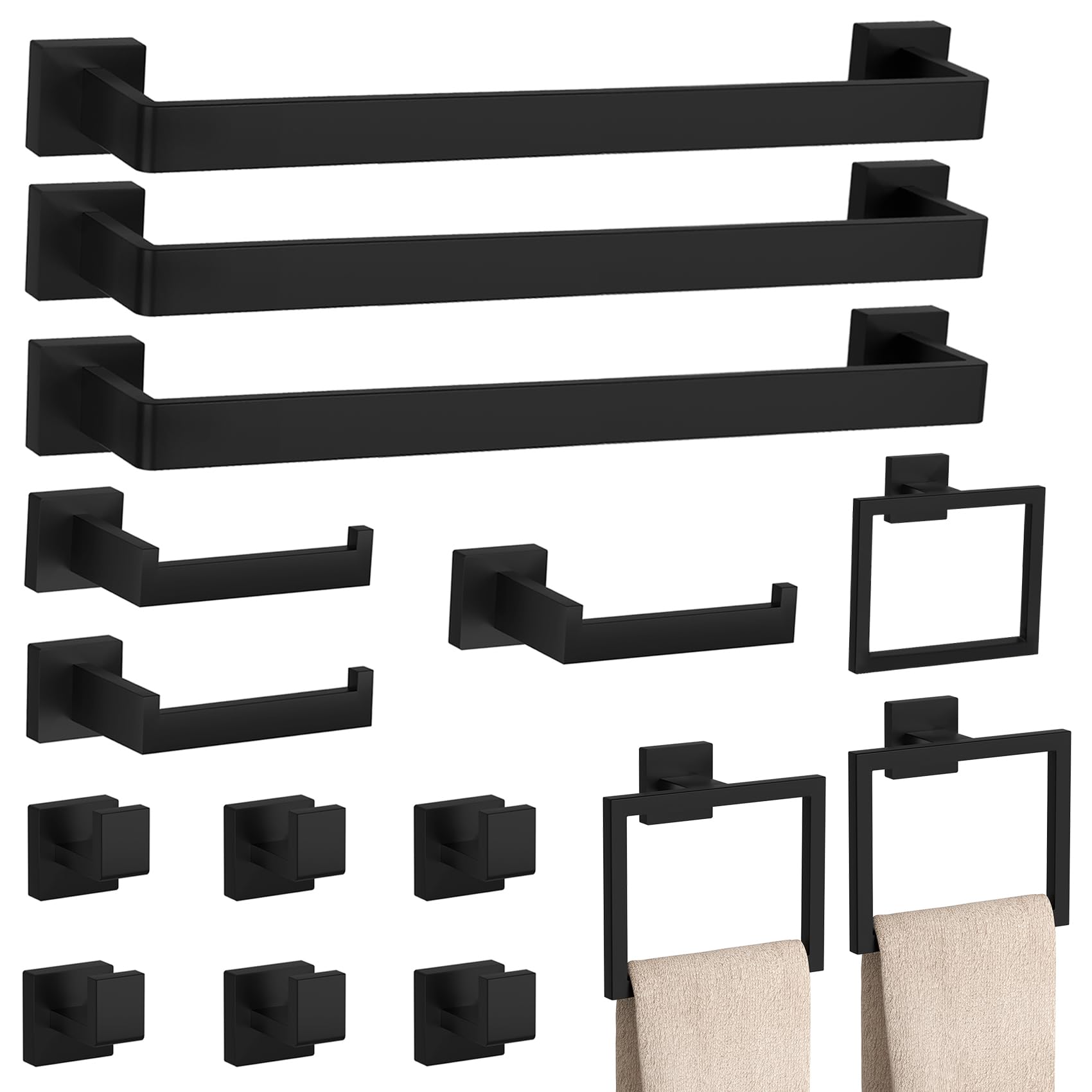 View 1 of 15-Piece Matte Black Bathroom Accessories Set – 23.6" Towel Bar, Towel Ring, Toilet Paper Holder & Hooks, Wall Mounted Bathroom Hardware, Rust & Corrosion-Resistant, Ideal for Modern Bathrooms