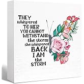 Inspirational Wood Box Sign I Am The Storm Floral Butterfly Wooden Block Signs Girl Power Desk Décor for Home Office Bedroom Table Décor,Cheer Up Gifts for Women Girl Friend