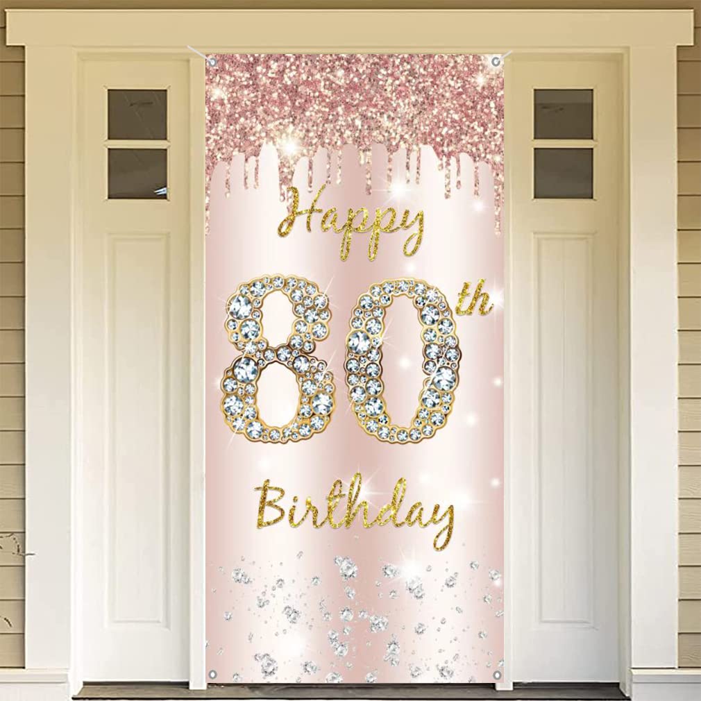 80th Birthday Decoration for Women, 80 Years Old Backdrop Banner Rosegold Fabric Sign Poster, Woman 80th Birthday Decor Door Banner Party Welcome Sign, 180 cm x 90 cm