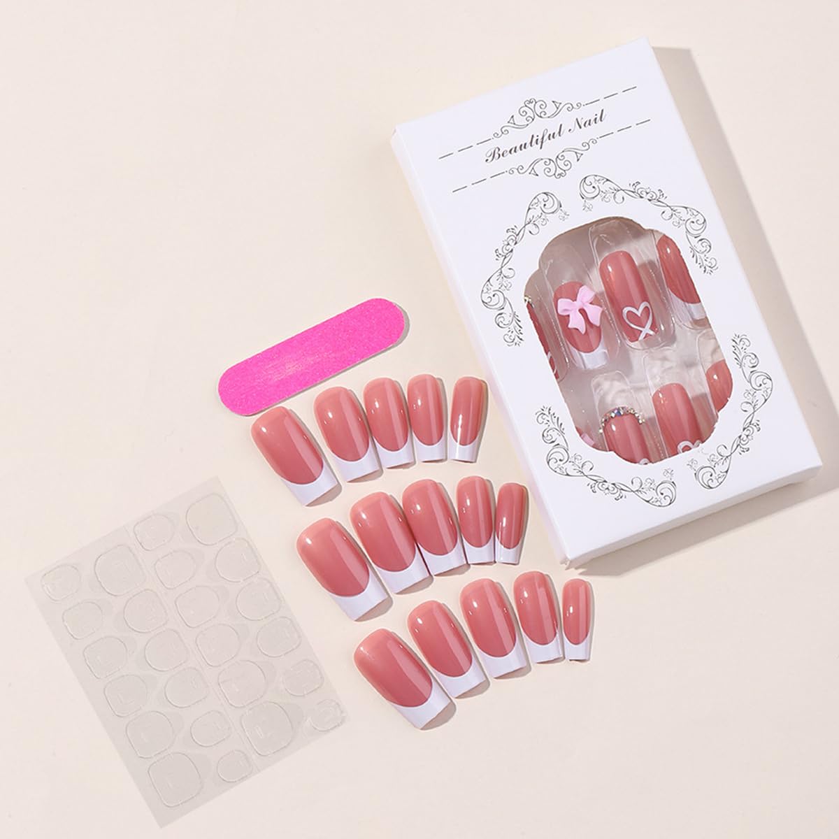 YKZFUI French Tip Press on Nails with Charms Medium Fake Nails White French Nails Press ons Cute Bow Stick on Nails Long Square Shape Acrylic Nails Heart Nails Rhinestones Nails for Women Daily Wear - Image 5