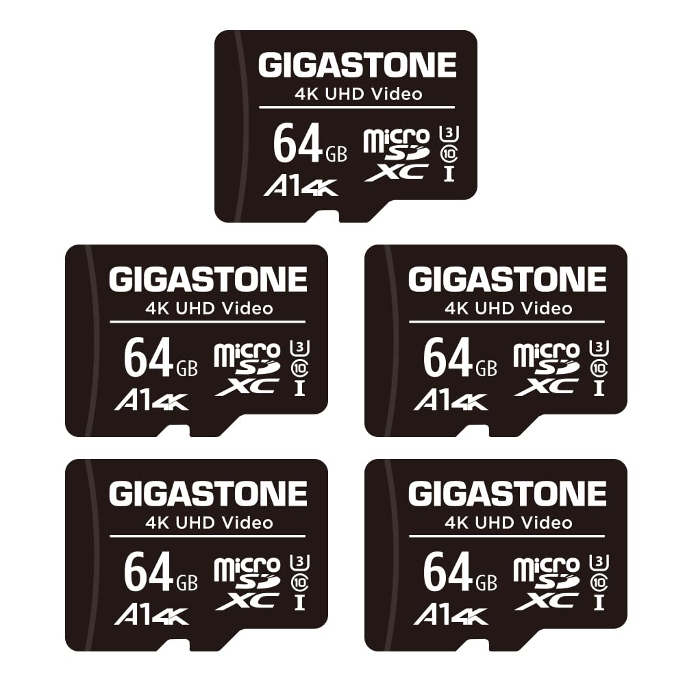 GIGASTONE 64GB 5-Pack Micro SD Card with 1x SD Adapter + 2x Mini-case, 4K UHD Video, Surveillance Security Cam Action Camera Drone Professional, 90MB/s Micro SDXC UHS-I A1 Class 10