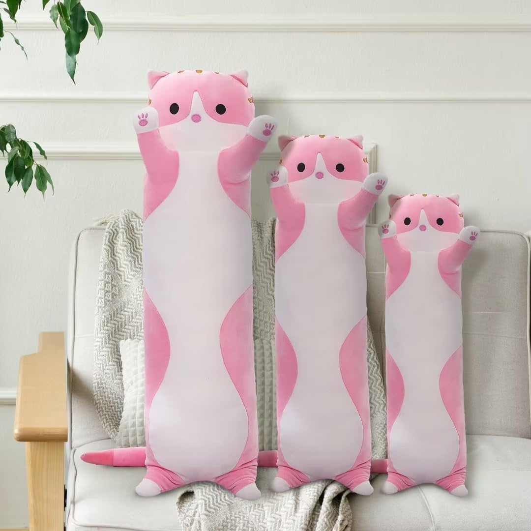 SHINUOER Cute Cat Plush Long Body Pillow – Soft Cartoon Stuffed Animal Doll, Kawaii Cat Plushie Cuddle Toy Gift for Kids, Girls & Girlfriend (Pink, 19.7 Inch)